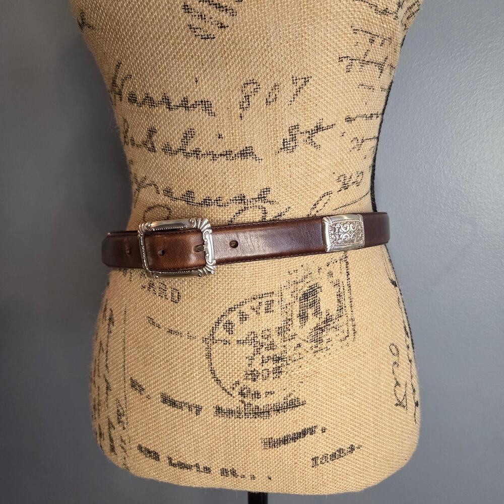 Fossil leather brown belt silver toned square buckle embellishments western M